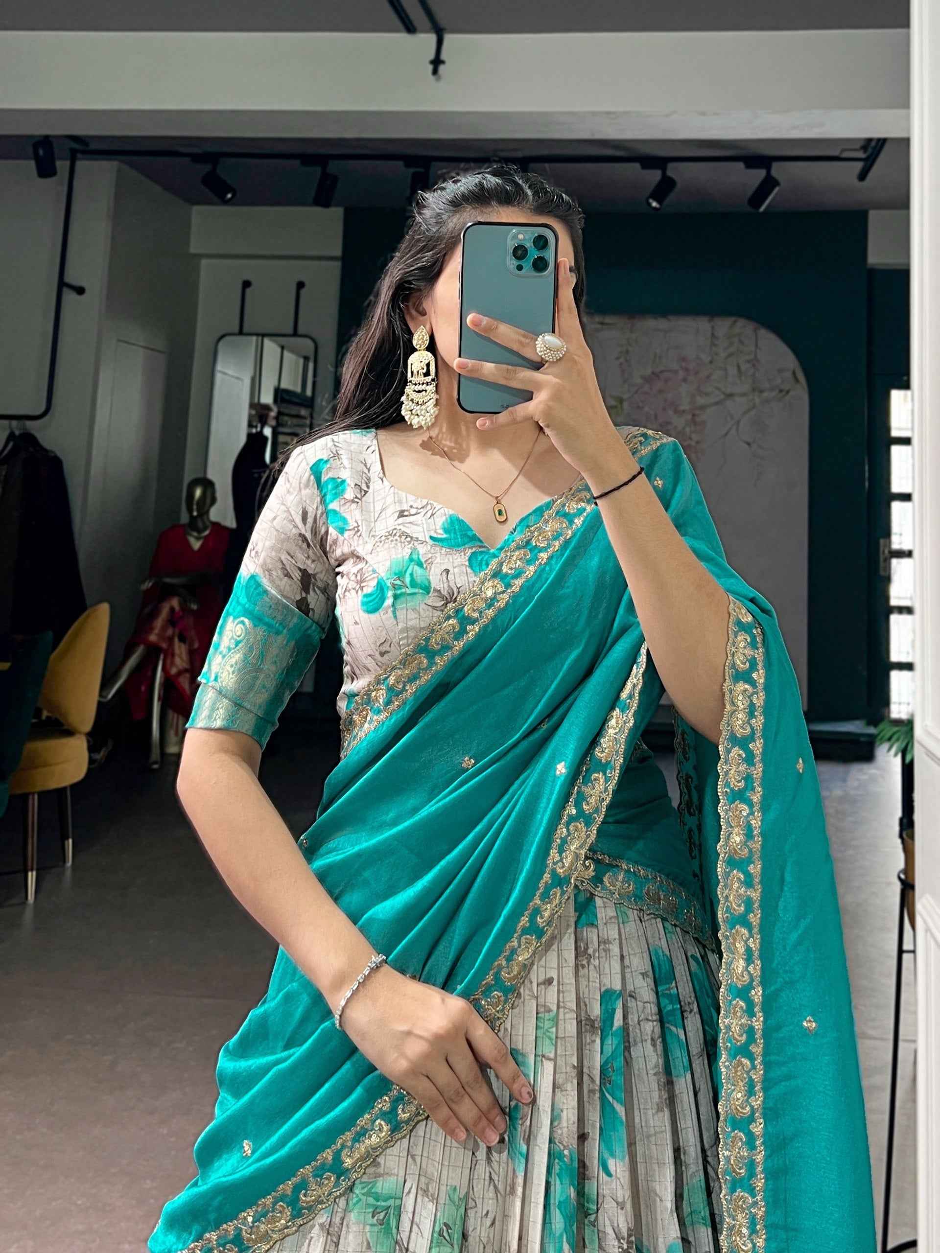 Teal Pure Soft Dola Chex Floral Printed With Zari Weaving Work Lehenga Choli