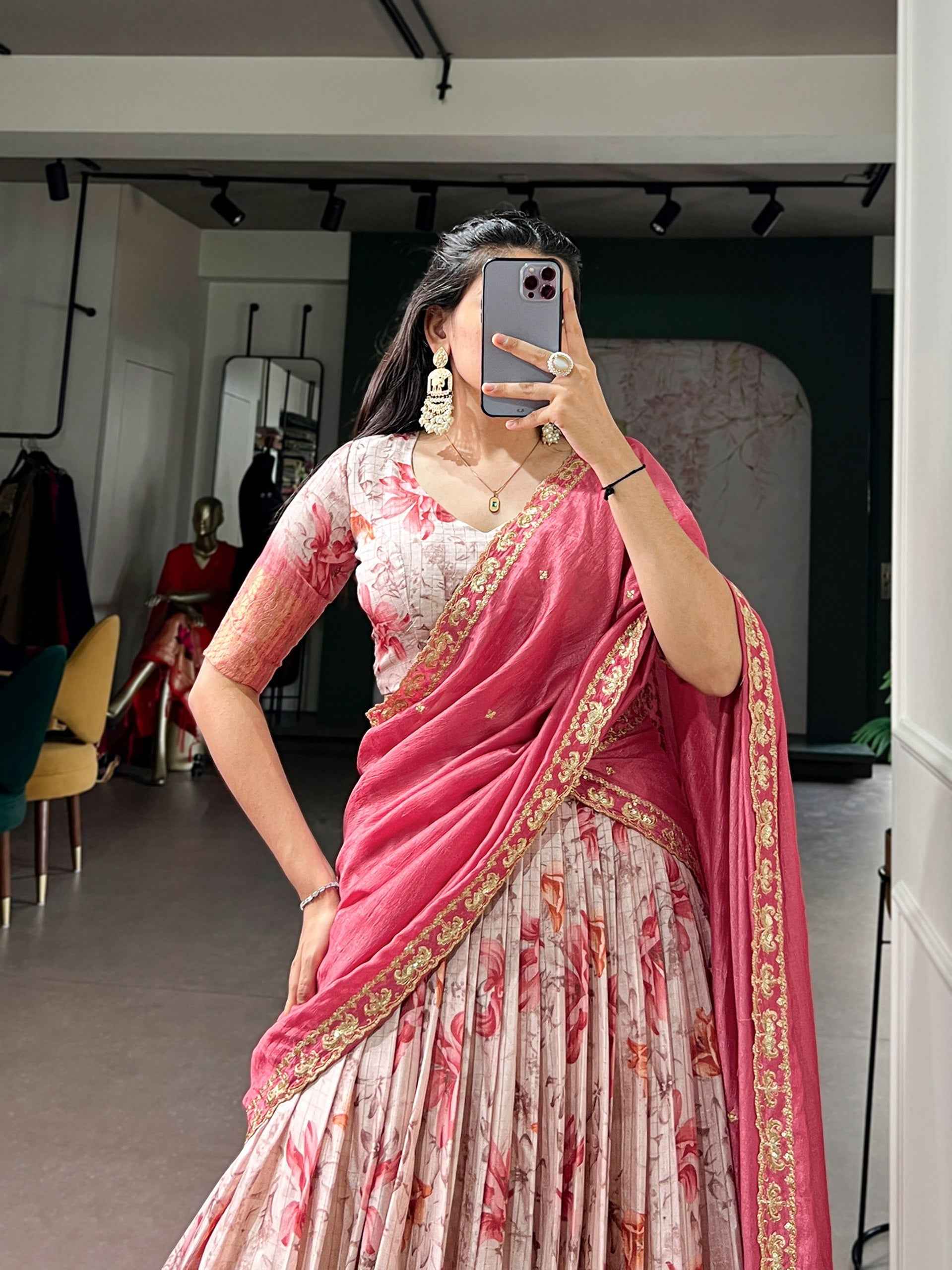 Red Pure Soft Dola Chex Floral Printed With Zari Weaving Work Lehenga Choli
