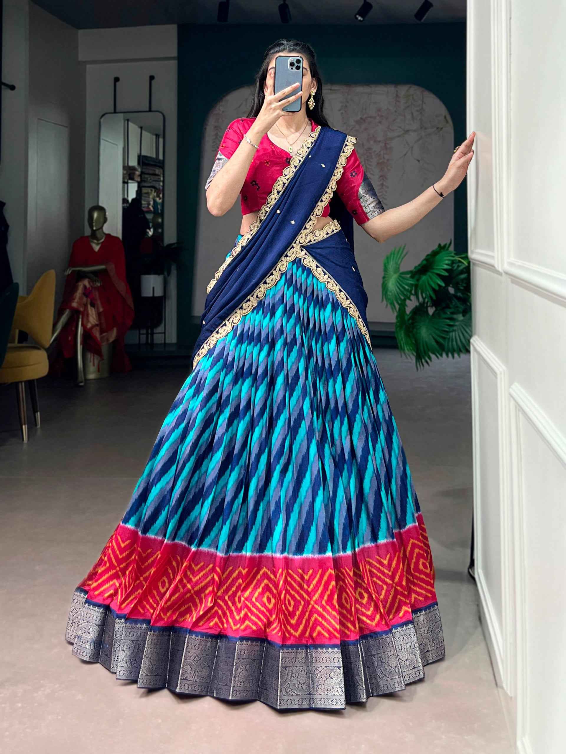 Blue Pure Soft Tasar Silk Leheriya Print With Zari Weaving Work Lehenga Choli