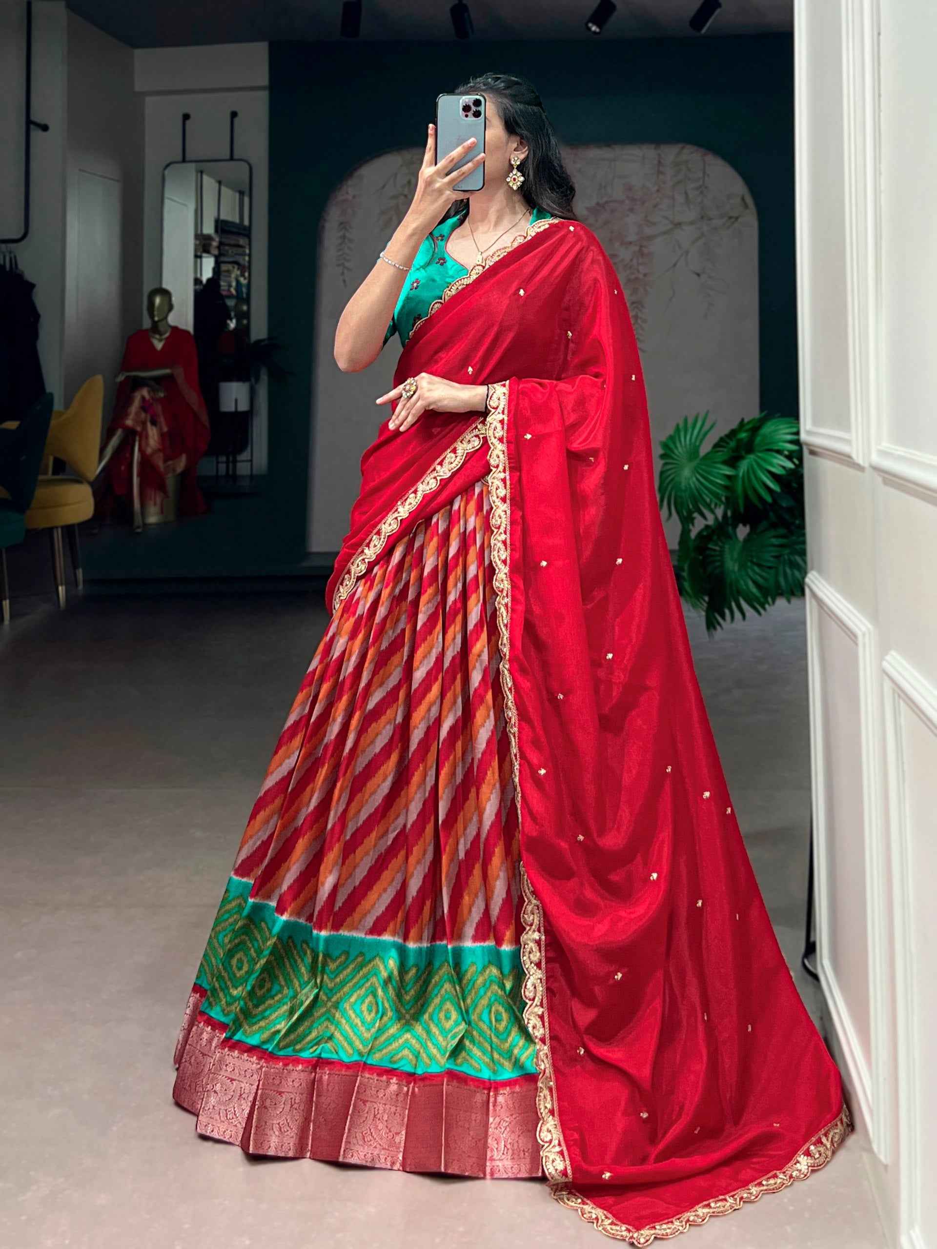 Red Pure Soft Tasar Silk Leheriya Print With Zari Weaving Work Lehenga Choli