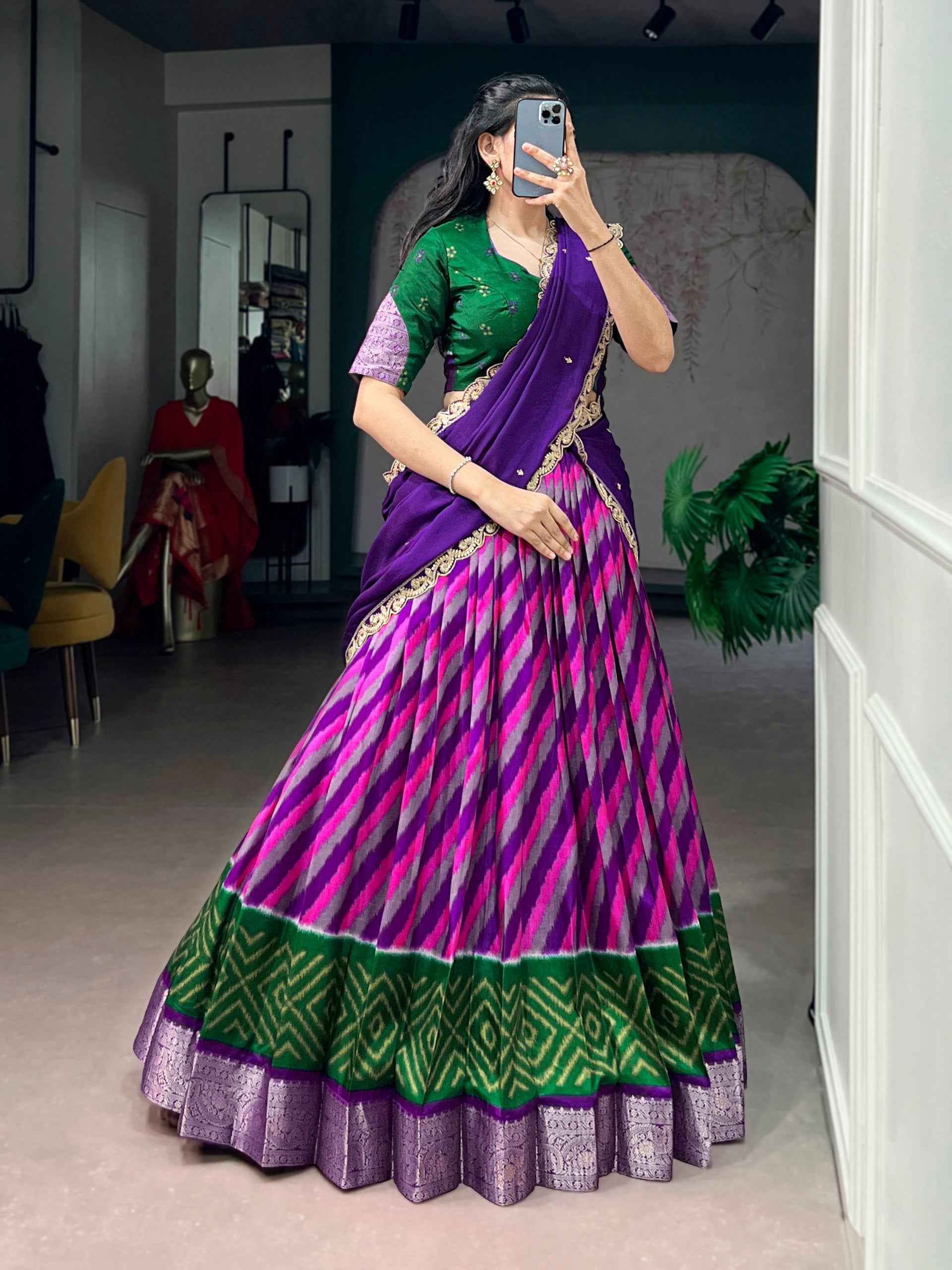 Purple Pure Soft Tasar Silk Leheriya Print With Zari Weaving Work Lehenga Choli