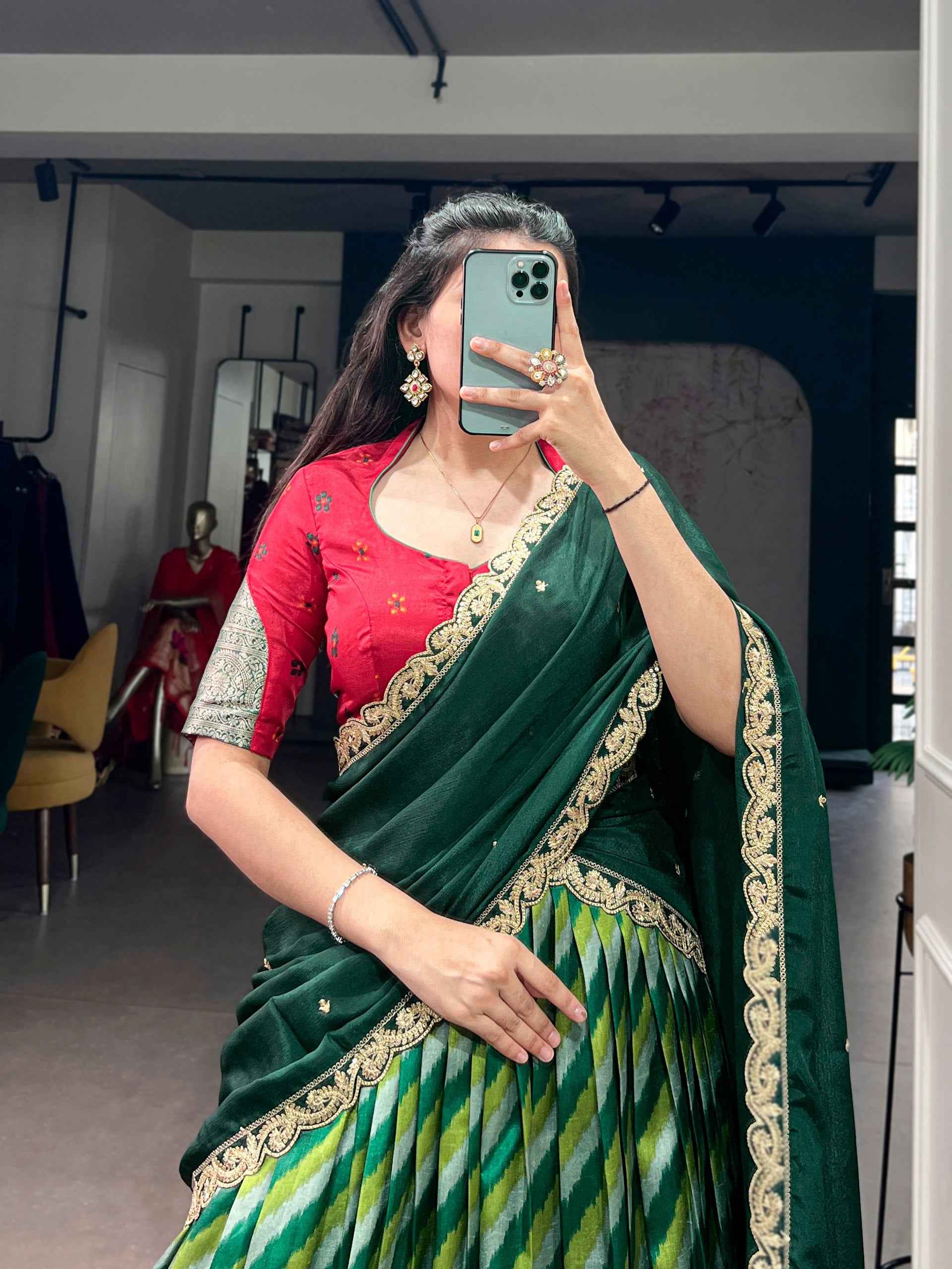 Green Pure Soft Tasar Silk Leheriya Print With Zari Weaving Work Lehenga Choli