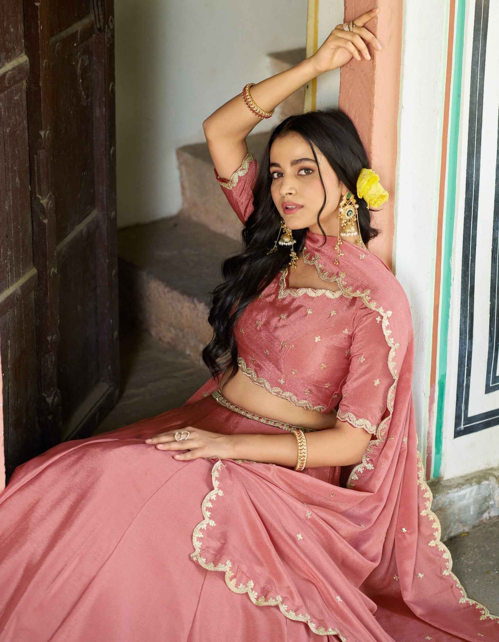 Peach Pure Soft Chinon Sequins & Thread Embroidery Work Lehenga Choli