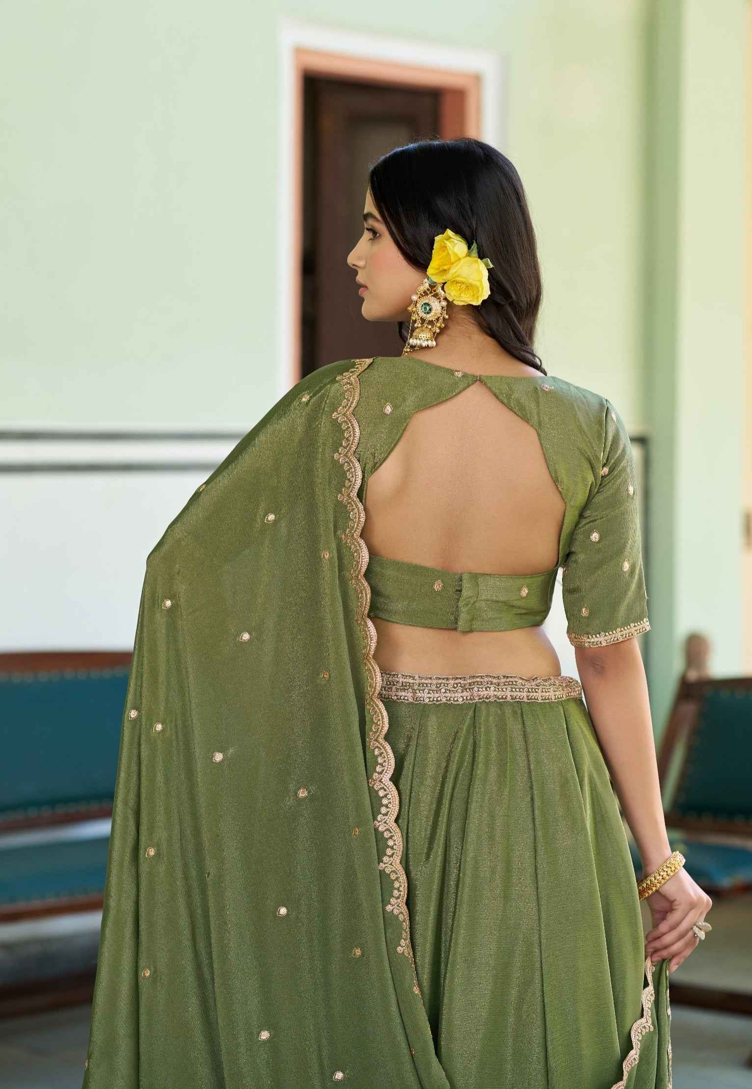 Pista Pure Soft Chinon Sequins & Thread Embroidery Work Lehenga Choli