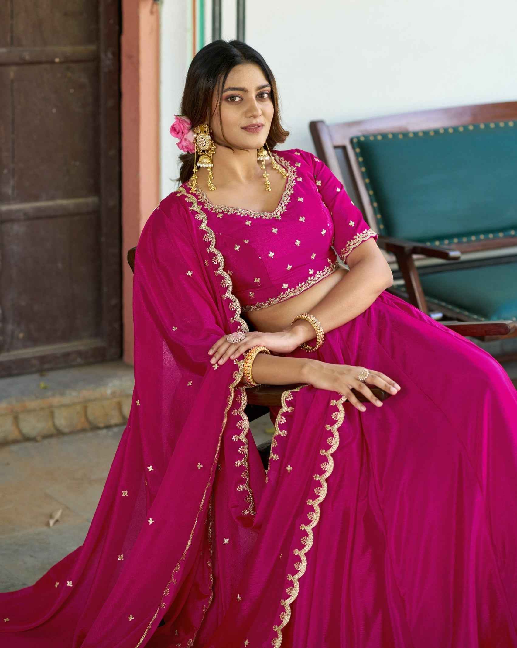 Pink Pure Soft Chinon Sequins & Thread Embroidery Work Lehenga Choli
