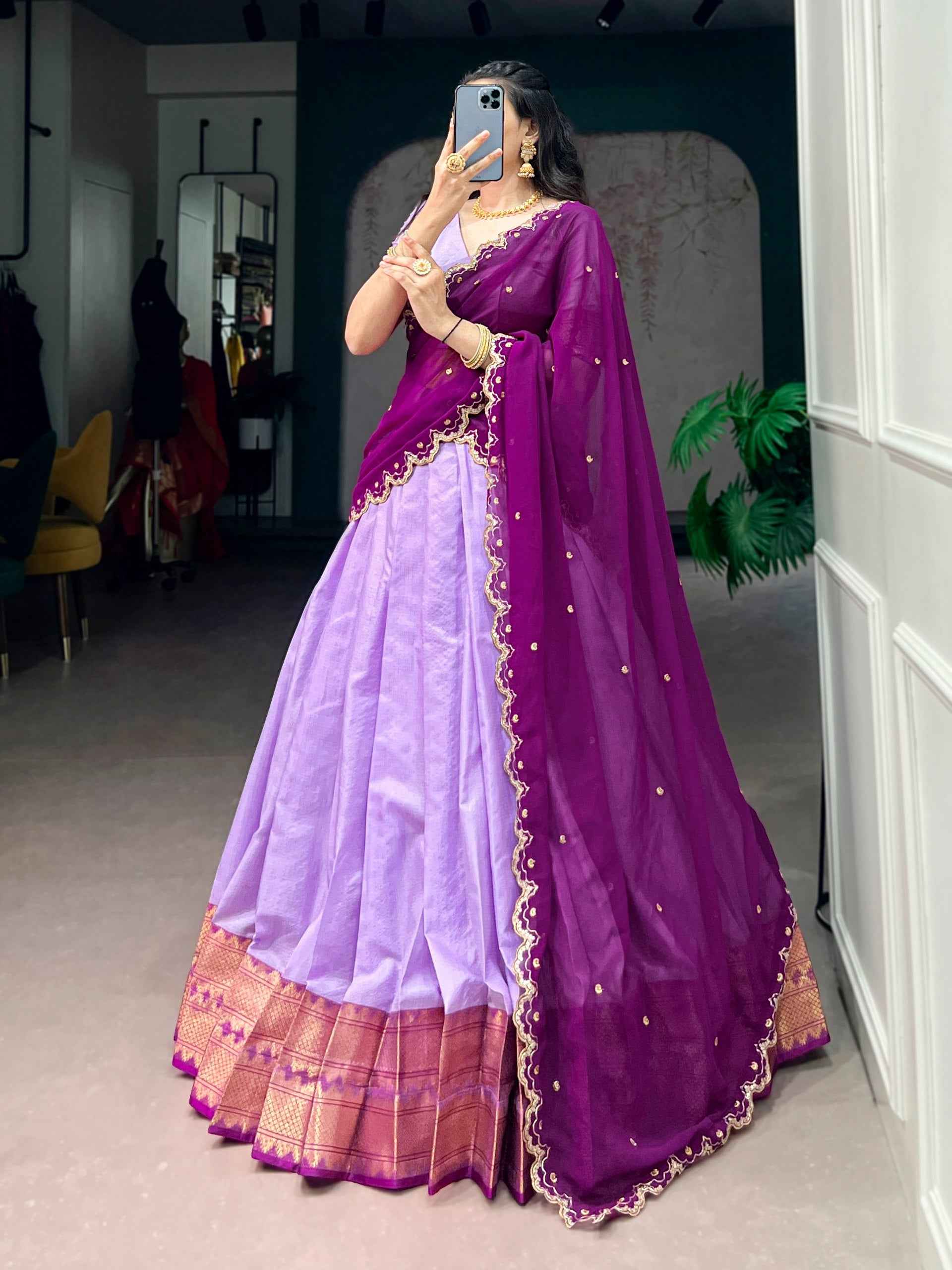 Lavender Pure Soft Cotton Silk Zari Weaving Work Paithani Lehenga Choli