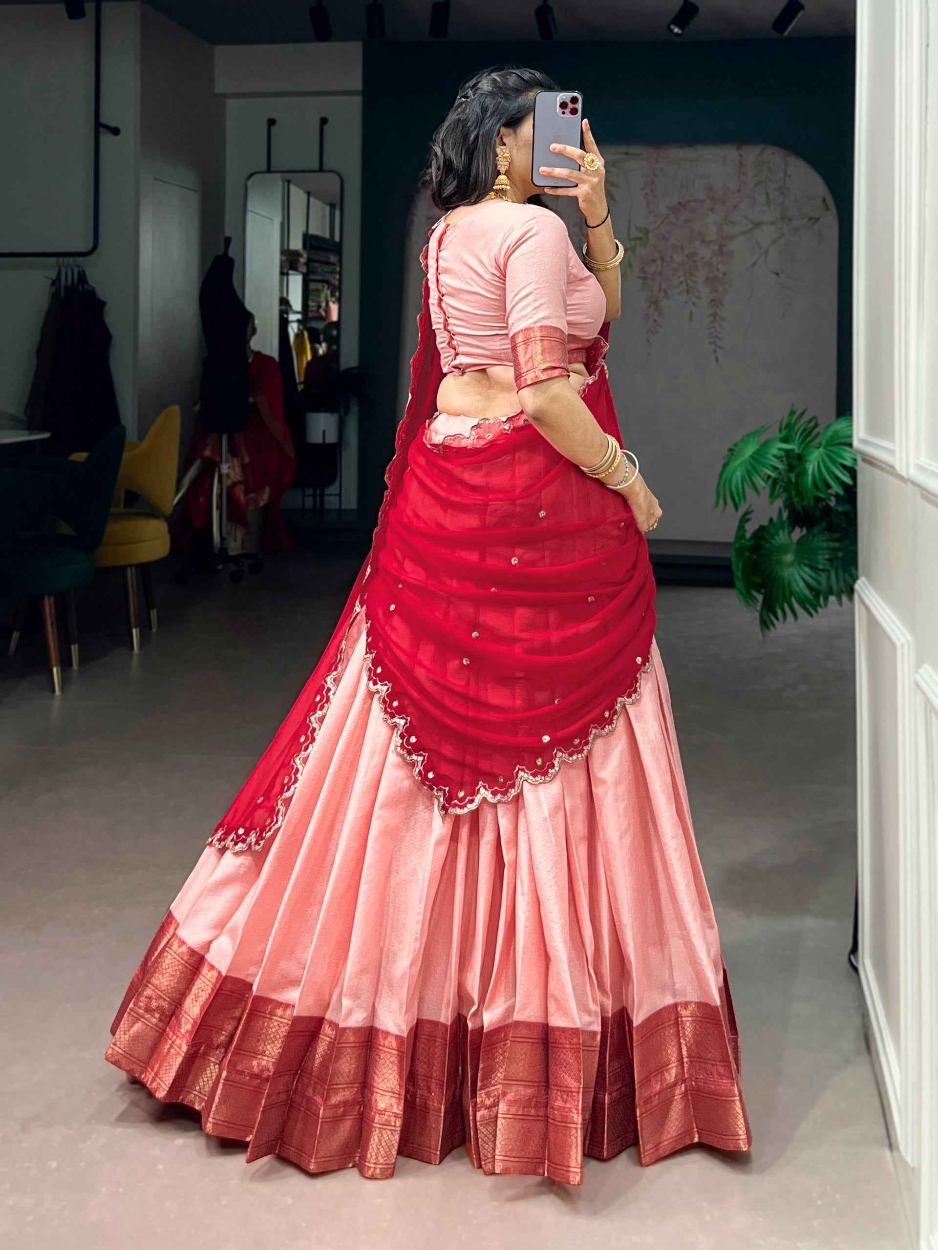 Peach Pure Soft Cotton Silk Zari Weaving Work Paithani Lehenga Choli