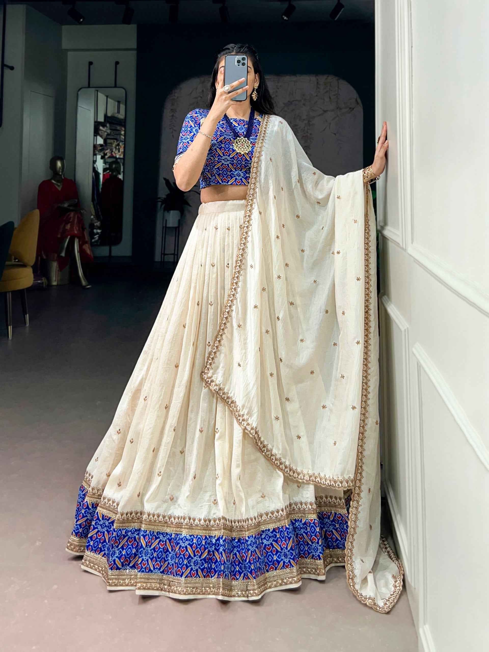 Off White Pure Soft Vichitra Silk Sequins & Thread Embroidery Work Lehenga Choli