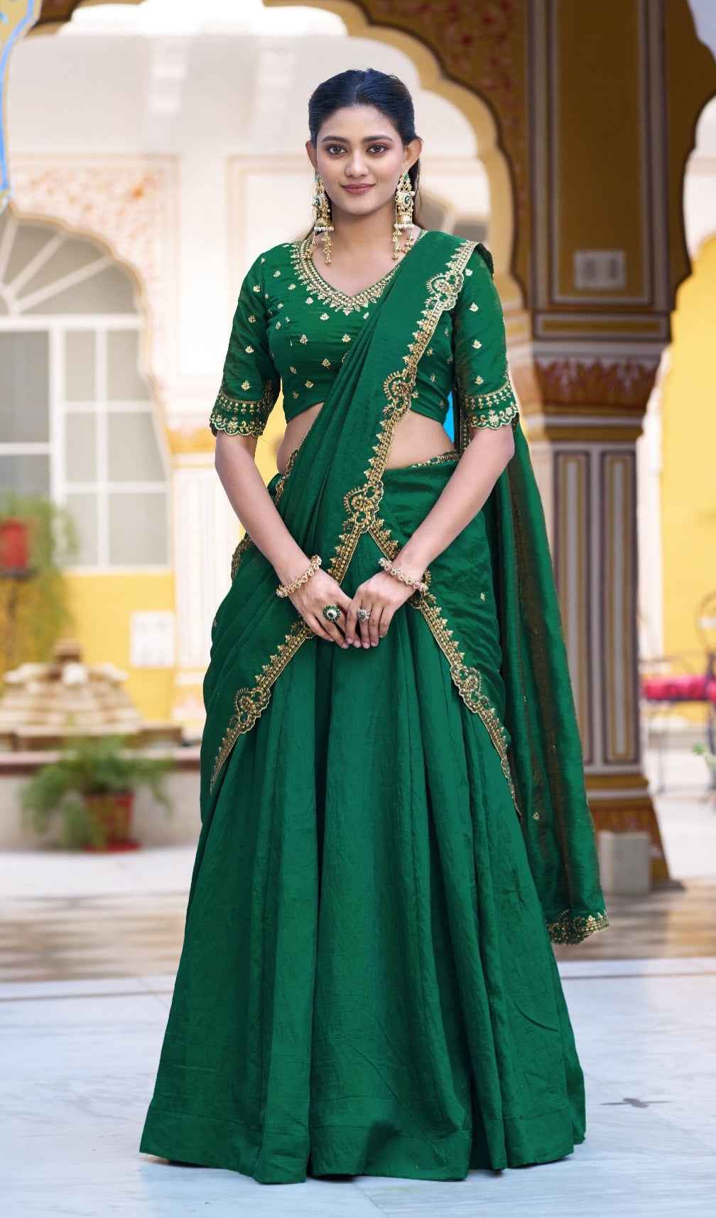 Green Pure Soft NC Silk Plain Work Lehenga Choli