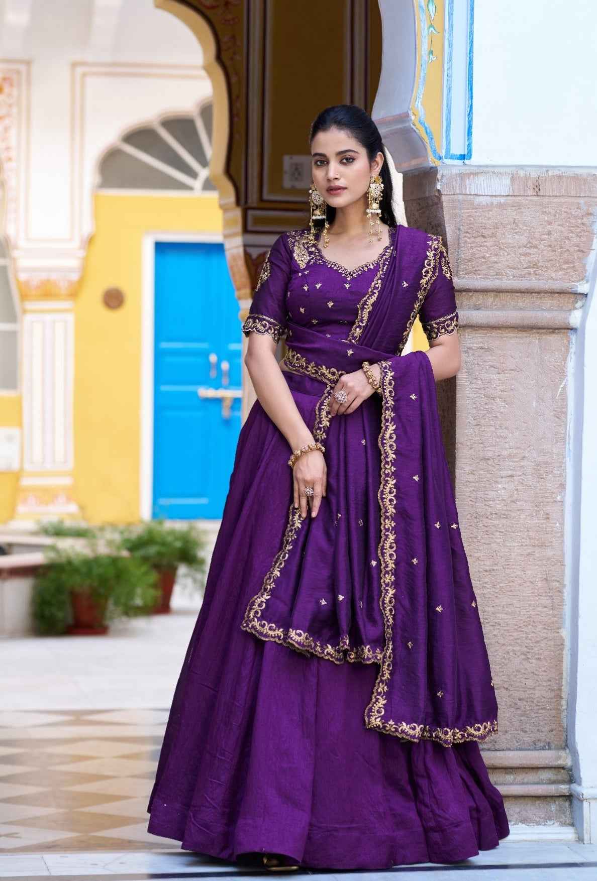 Purple Pure Soft NC Silk Plain Work Lehenga Choli