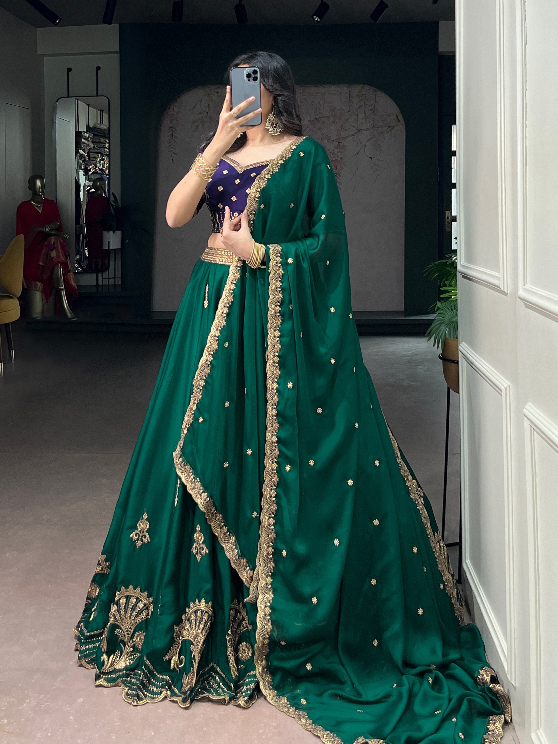 Green Pure Soft Rangoli Silk Sequins and Thread Embroidery Lehenga Choli