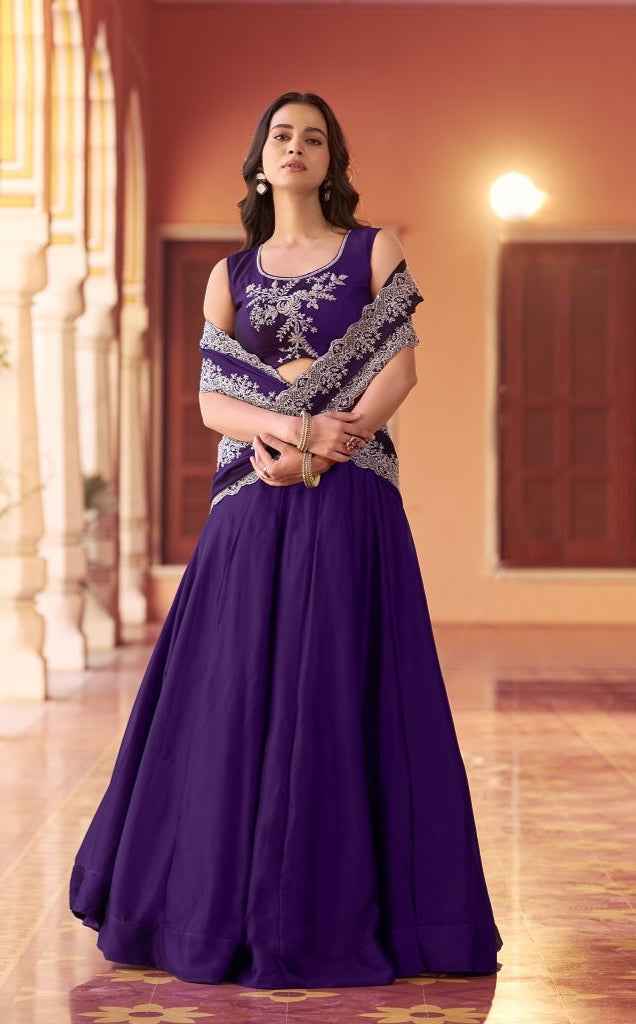 Purple Pure Rangoli Silk Tube Beads with Sequence Thread Embroidery Work Lehenga Choli
