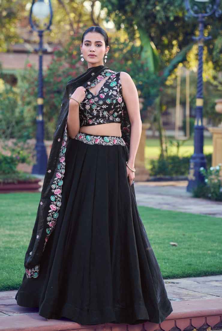 Black Pure Frendy Silk Sequins and Thread Embroidery Work Lehenga Choli