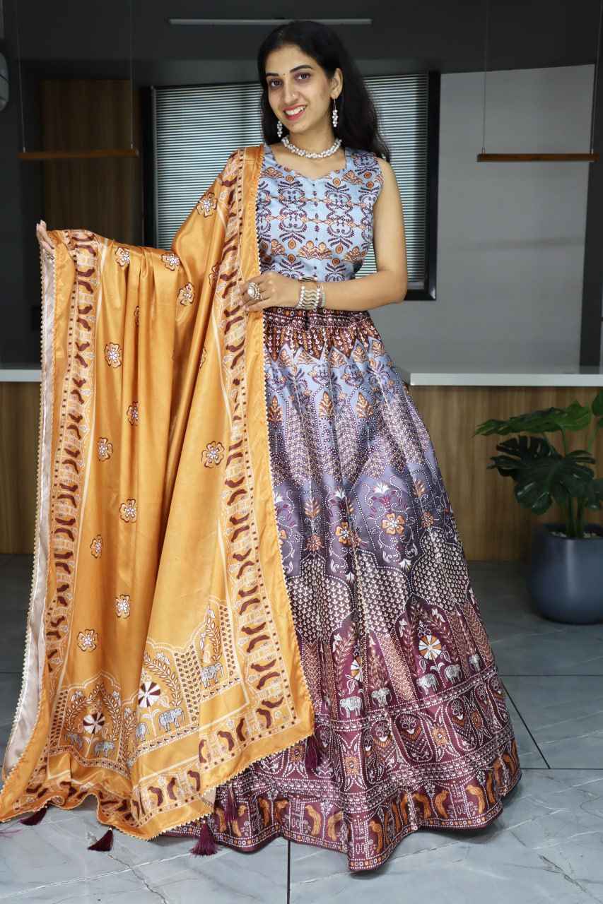 Rust Art Silk Printed With Gota Patti Work Lehenga Choli