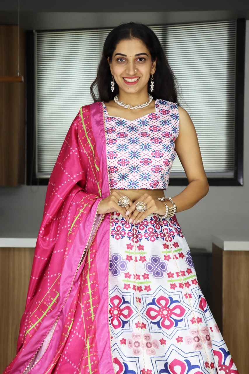 Lavender White Pure Art Silk Printed With Gota Patti Work Lehenga Choli