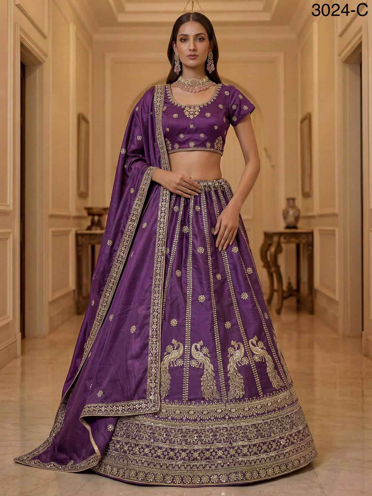 Purple Pure Soft Silk Heavy Sequins Zari Embroidery Thread Work Lehenga Choli