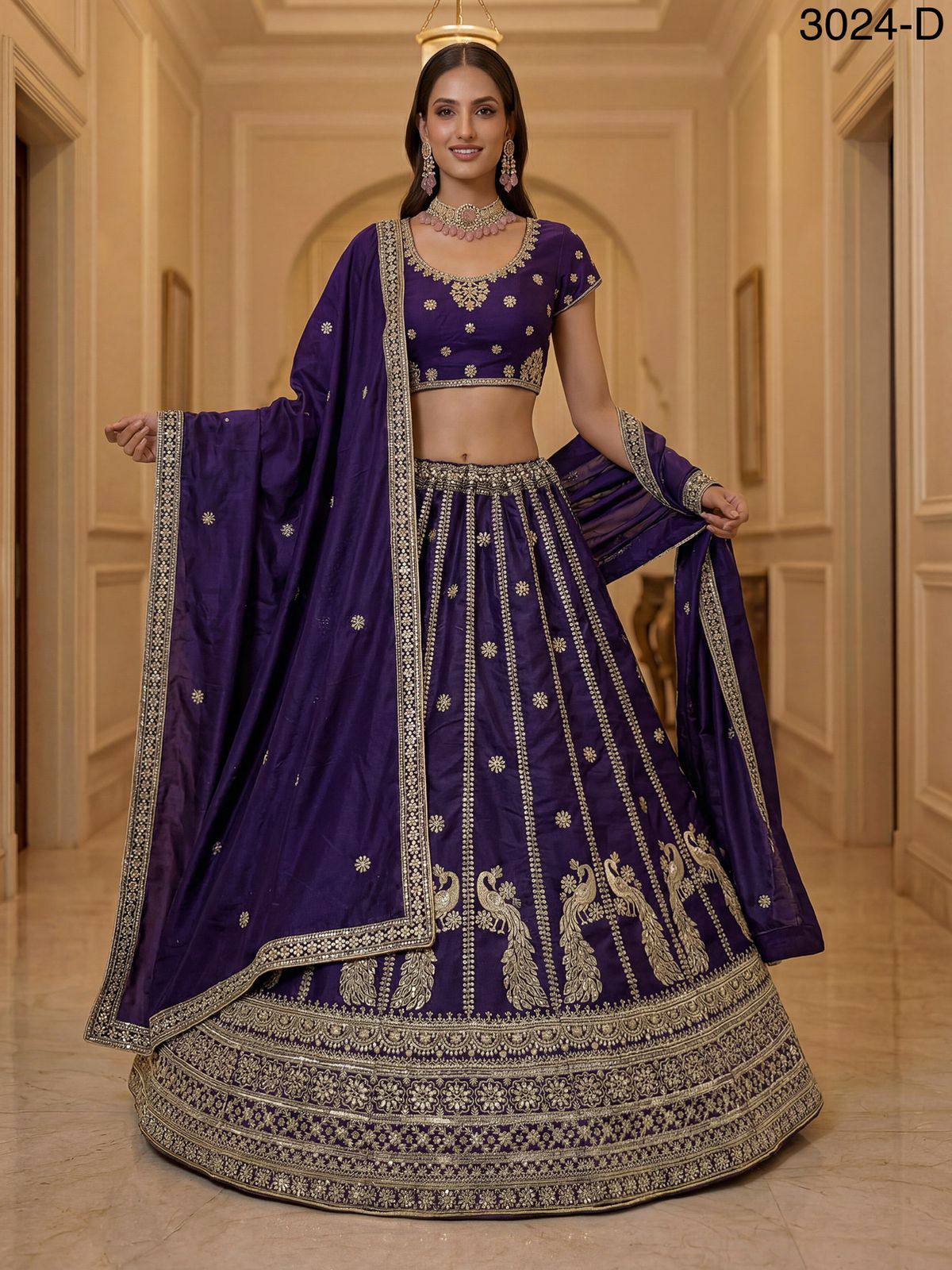 Indigo Pure Soft Silk Heavy Sequins Zari Embroidery Thread Work Lehenga Choli