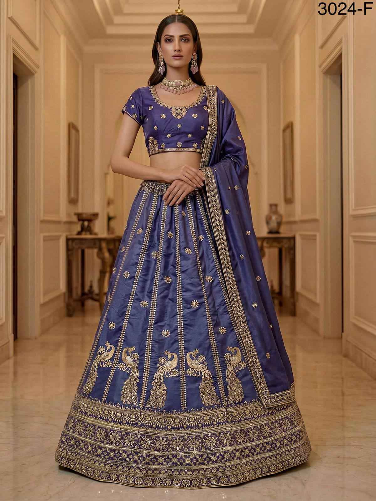 Violet Pure Soft Silk Heavy Sequins Zari Embroidery Thread Work Lehenga Choli