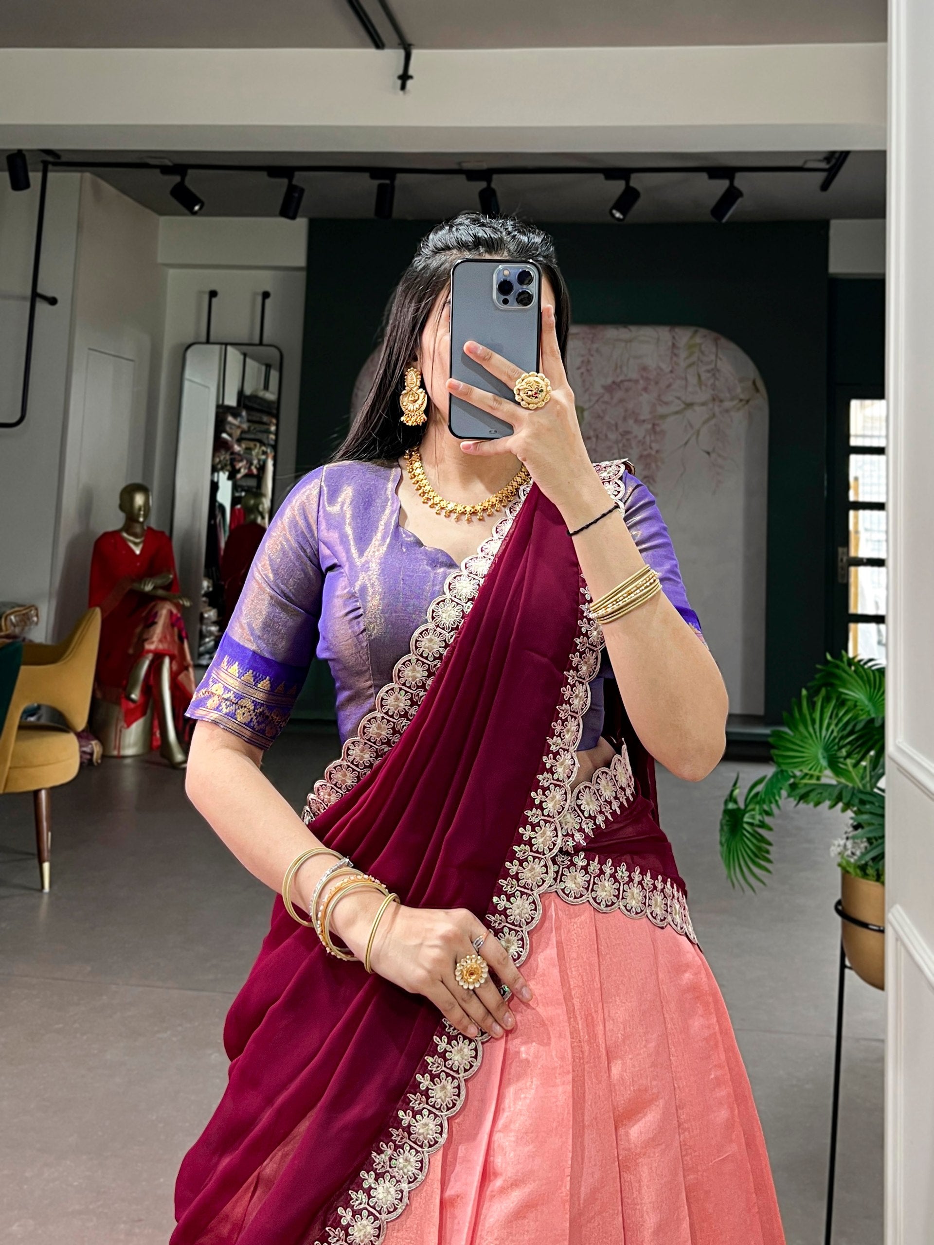 Peach Pure Soft Kanchipuram Zari Weaving Work Paithani Lehenga Choli