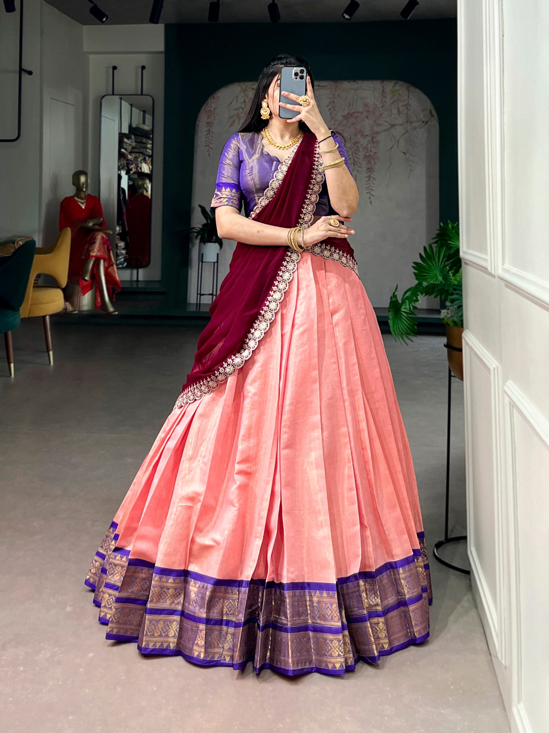 Peach Pure Soft Kanchipuram Zari Weaving Work Paithani Lehenga Choli
