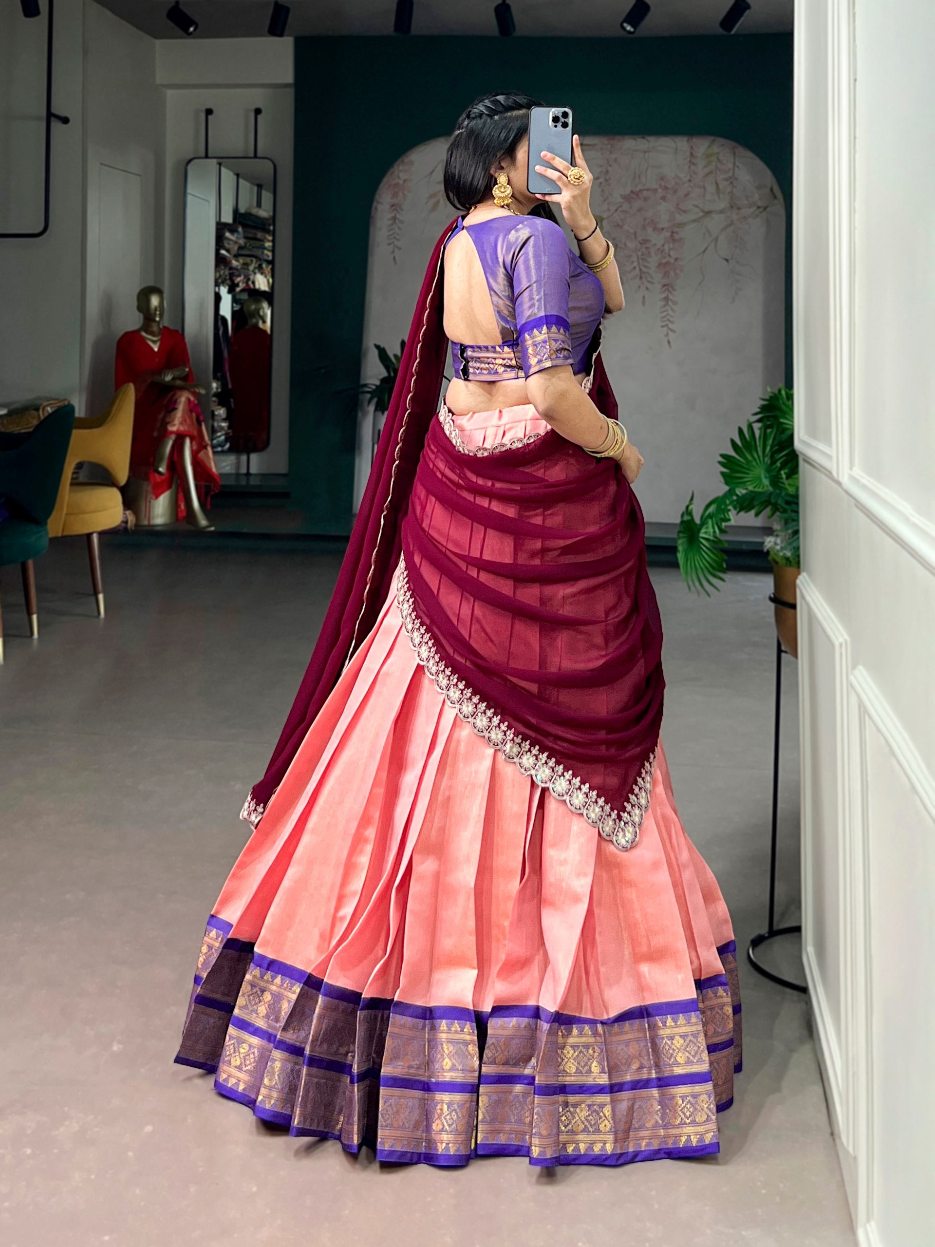 Peach Pure Soft Kanchipuram Zari Weaving Work Paithani Lehenga Choli
