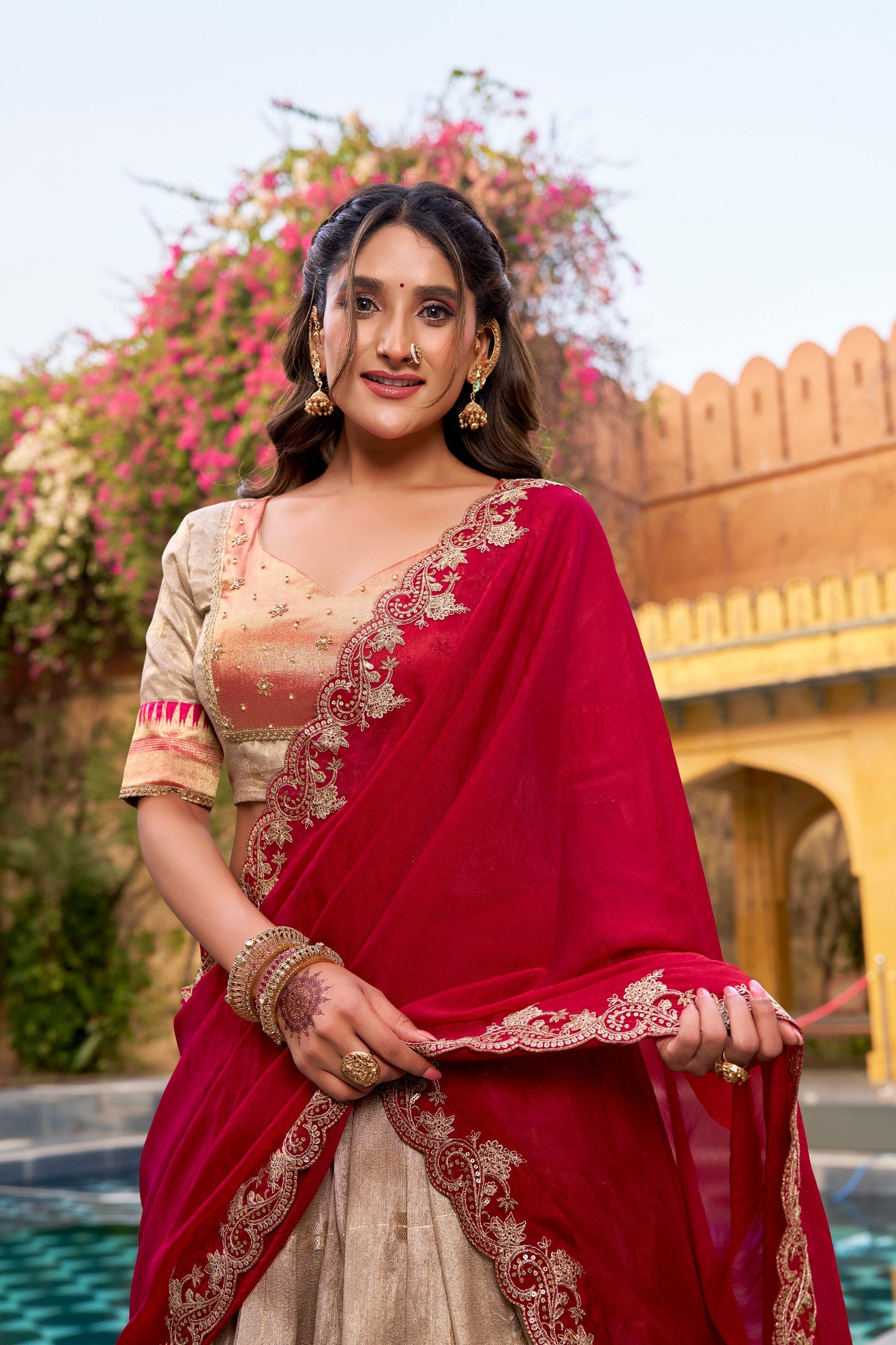 Off-white Pure Soft Slub Kota Zari Weaving Paithani Work Paithani Lehenga Choli