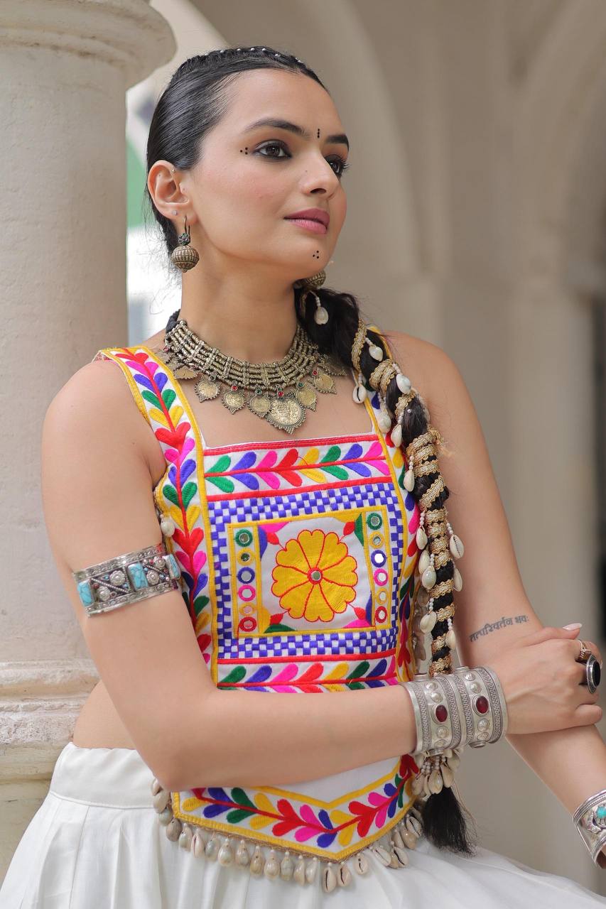 White Pure Satin Kutchi Gamthi Embroidered & Mirror Work Navratri Blouse