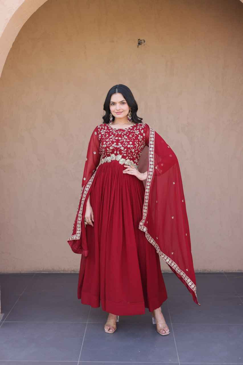 Maroon Pure Faux Blooming Heavy Embroidered Work Anarkali Gown