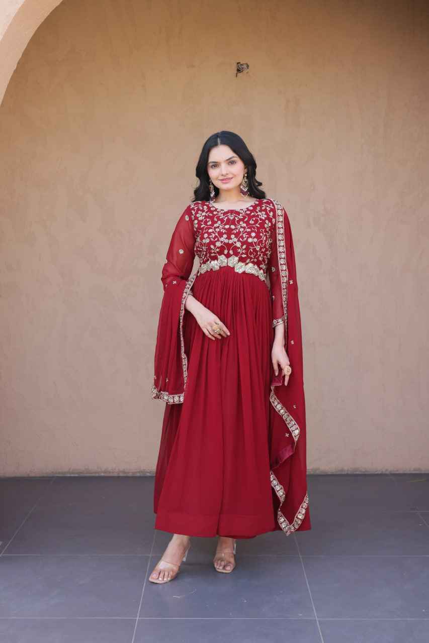 Maroon Pure Faux Blooming Heavy Embroidered Work Anarkali Gown