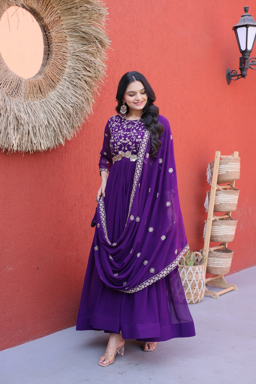 Purple Pure Faux Blooming Heavy Embroidered Work Anarkali Gown