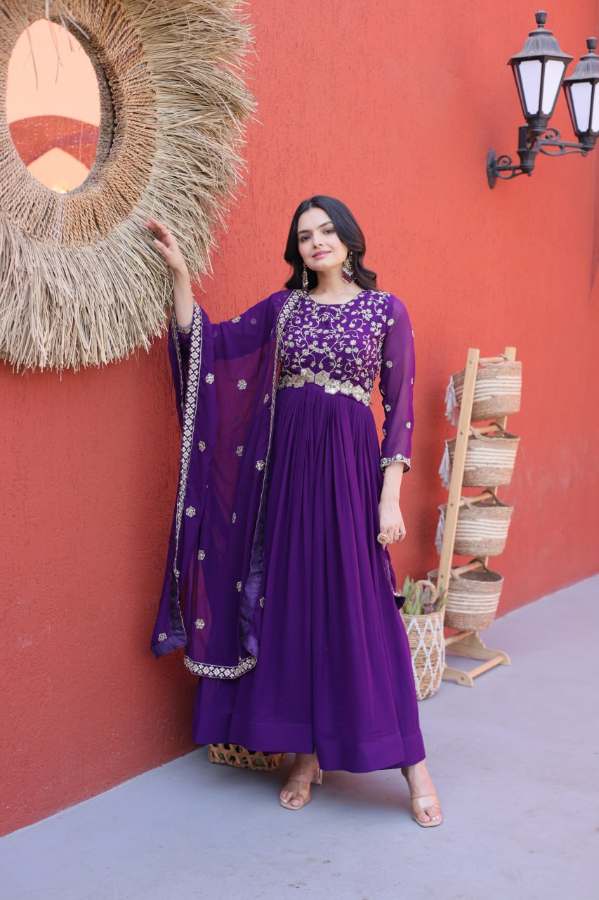 Purple Pure Faux Blooming Heavy Embroidered Work Anarkali Gown