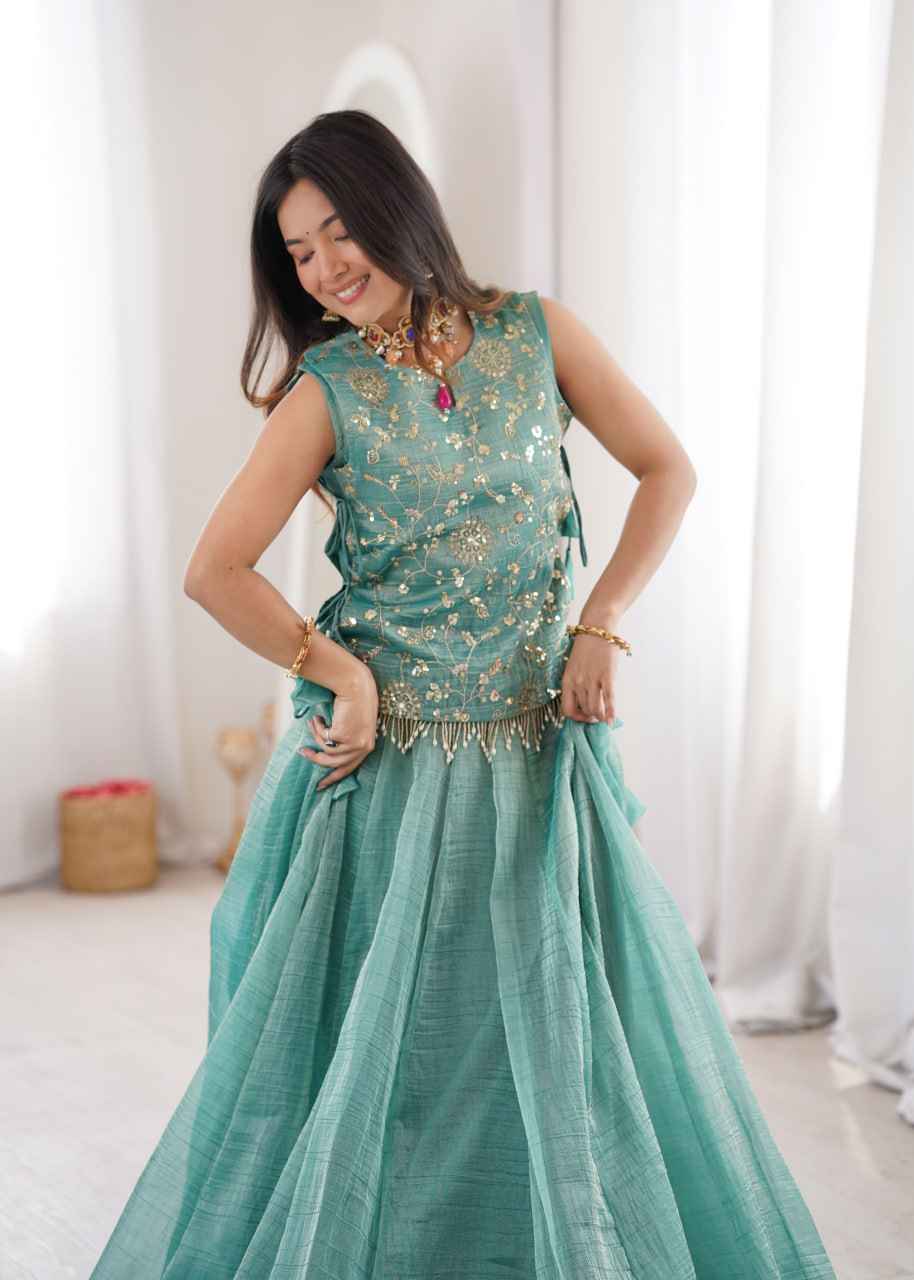 Sky Blue Pure Salsa Crush Elegant Flaired Lehenga Gown