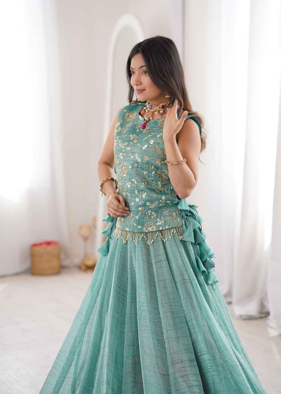 Sky Blue Pure Salsa Crush Elegant Flaired Lehenga Gown