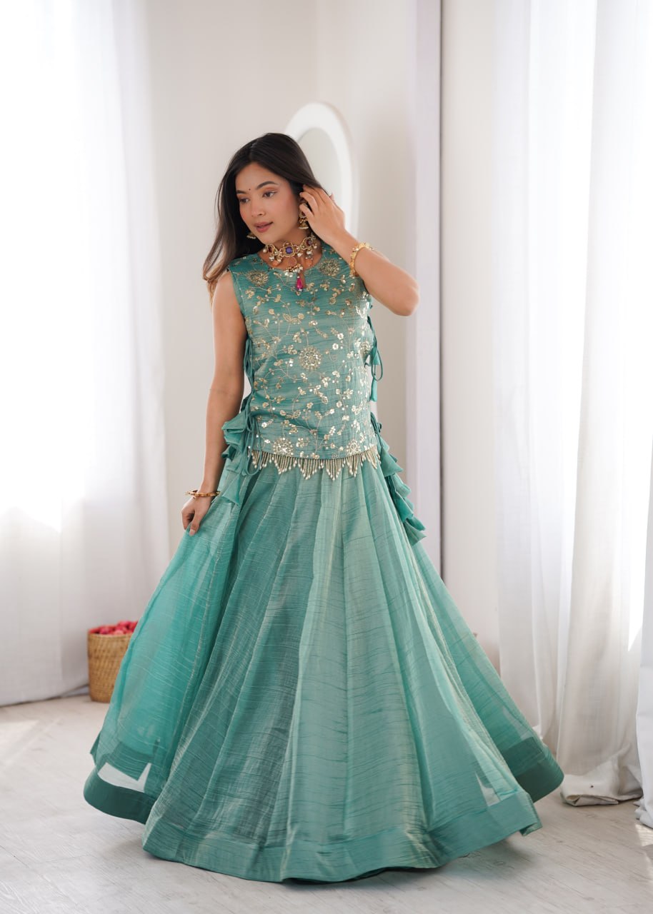 Sky Blue Pure Salsa Crush Elegant Flaired Lehenga Gown