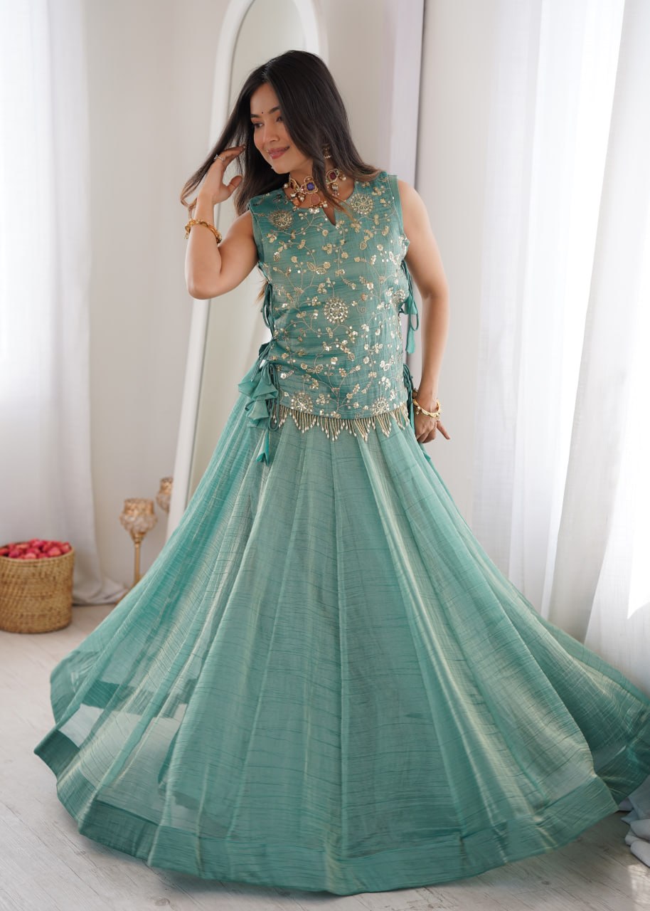 Sky Blue Pure Salsa Crush Elegant Flaired Lehenga Gown