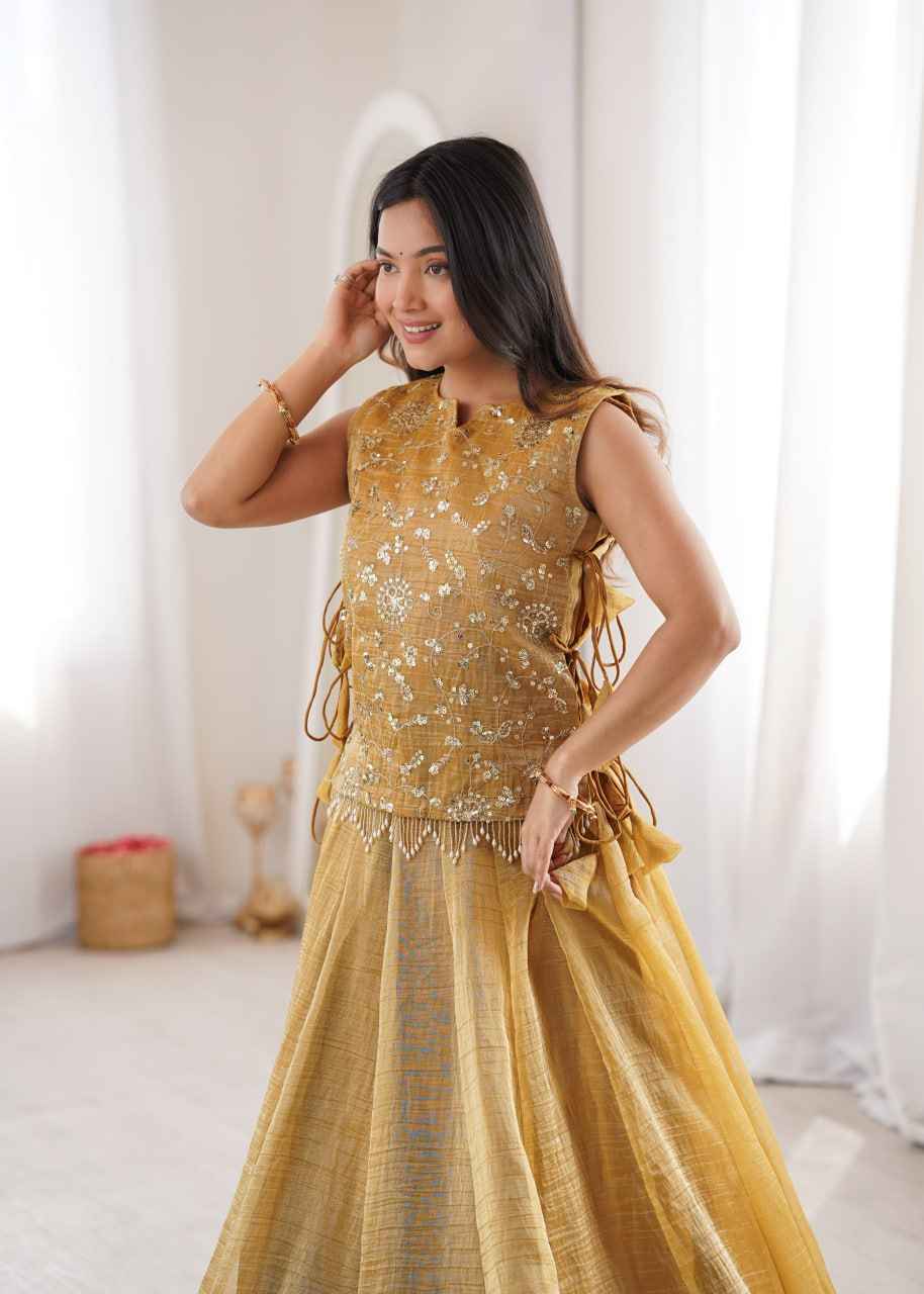 Yellow Gold Pure Salsa Crush Elegant Flaired Lehenga Gown
