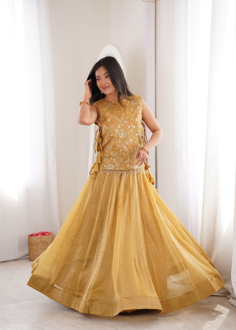 Yellow Gold Pure Salsa Crush Elegant Flaired Lehenga Gown