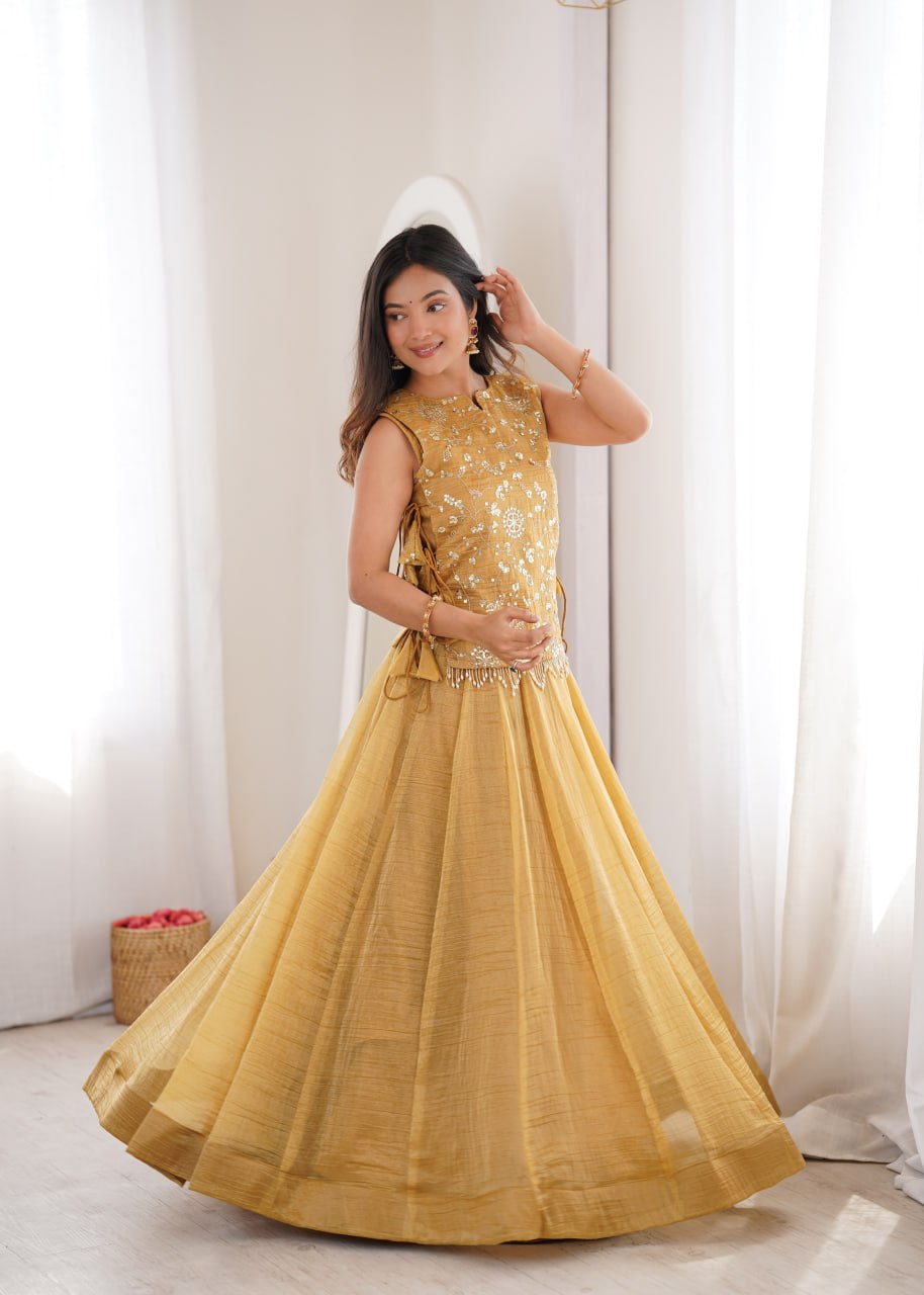 Yellow Gold Pure Salsa Crush Elegant Flaired Lehenga Gown