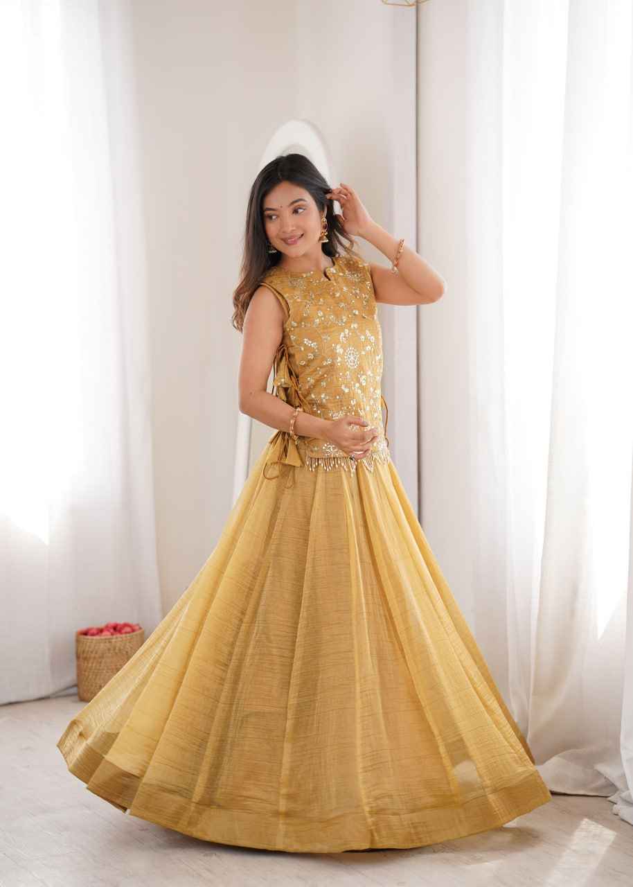 Yellow Gold Pure Salsa Crush Elegant Flaired Lehenga Gown