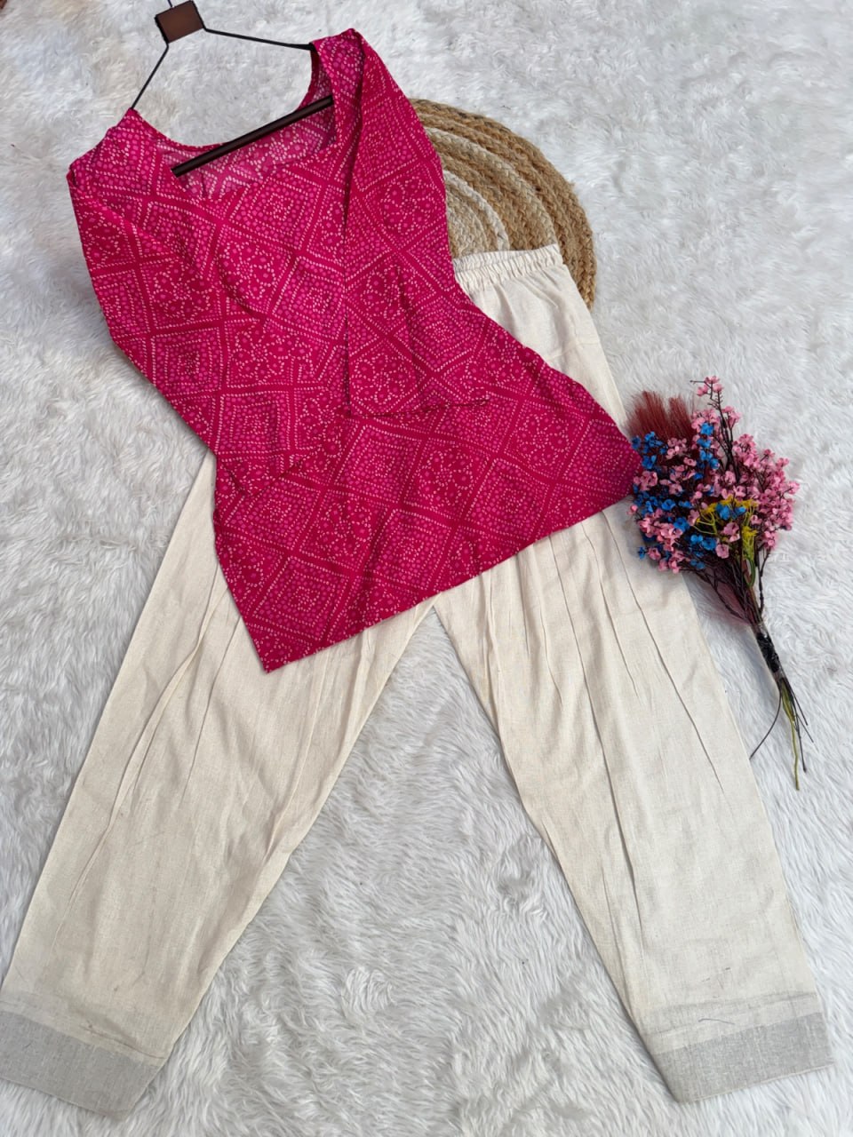 Pink Pure Soft Cotton with Bandhej Print Kurti Pent