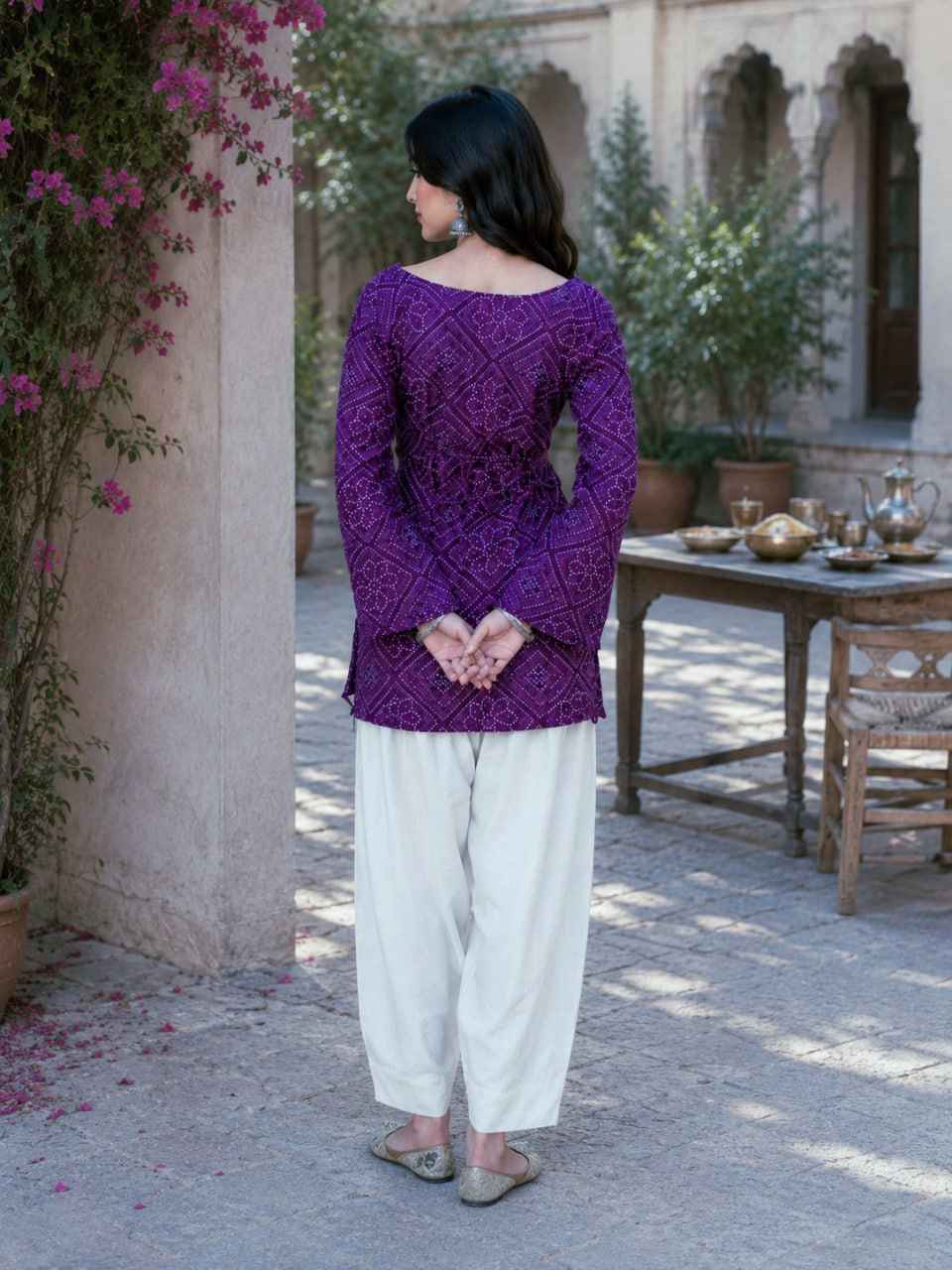 Purple Pure Soft Cotton with Bandhej Print Kurti Pent