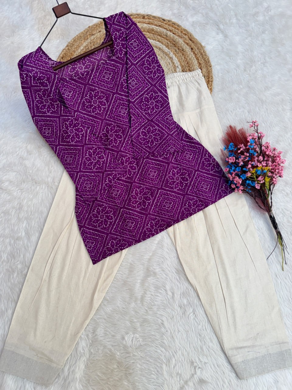 Purple Pure Soft Cotton with Bandhej Print Kurti Pent