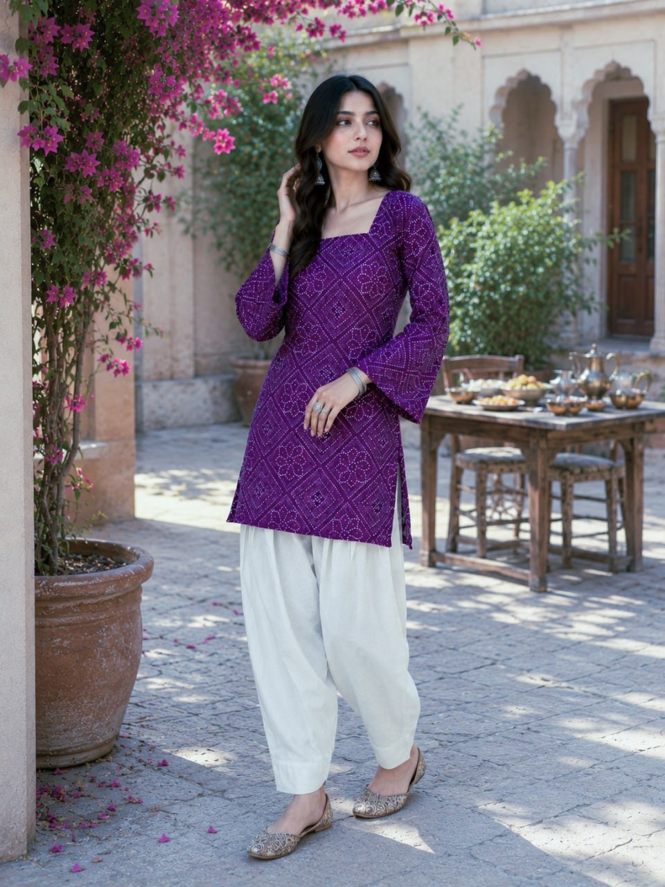 Purple Pure Soft Cotton with Bandhej Print Kurti Pent
