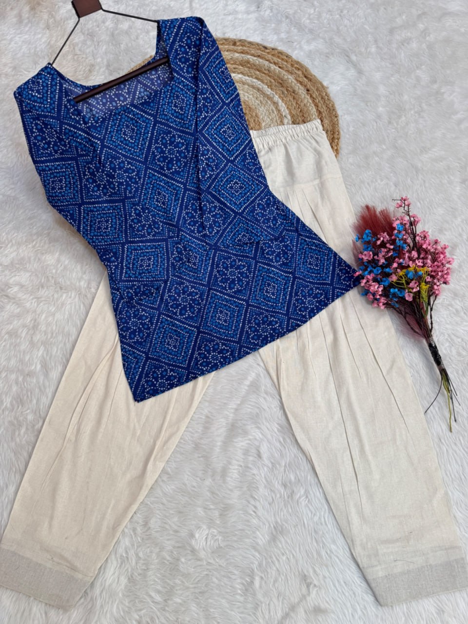 Blue Pure Soft Cotton with Bandhej Print Kurti Pent
