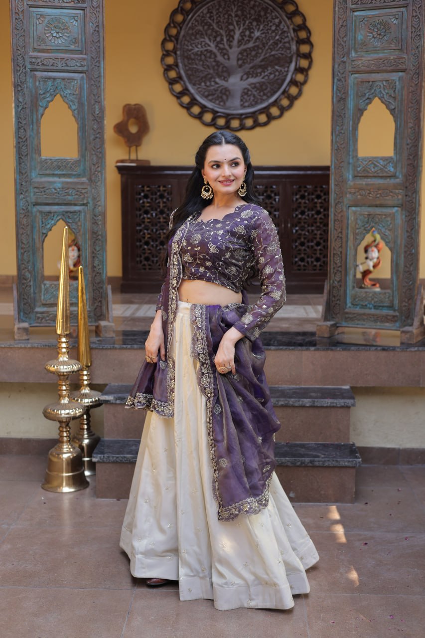 Purple Pure Cosmos with Zari & Sequins Embroidery Work Navratri Lehenga Choli