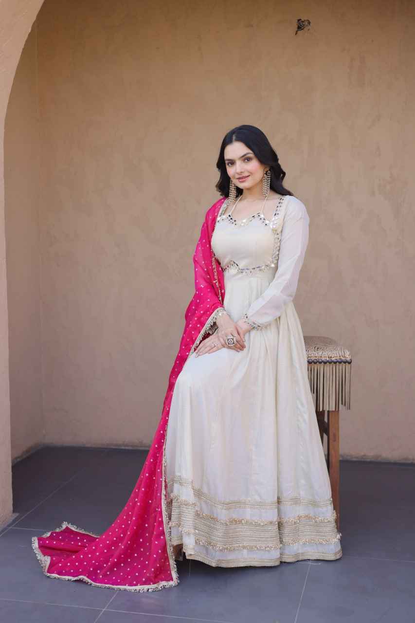 Cream & Pink Pure Cosmos with Real Mirror with Zari Embroidery Work Anarkali Gown