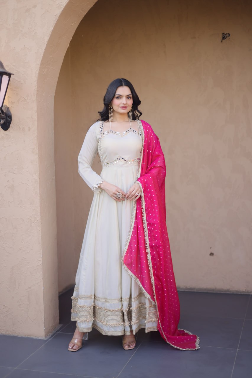 Cream & Pink Pure Cosmos with Real Mirror with Zari Embroidery Work Anarkali Gown