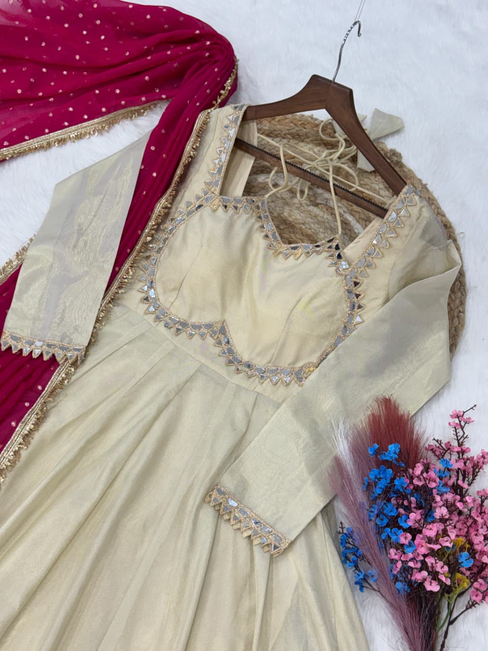 Cream & Pink Pure Cosmos with Real Mirror with Zari Embroidery Work Anarkali Gown