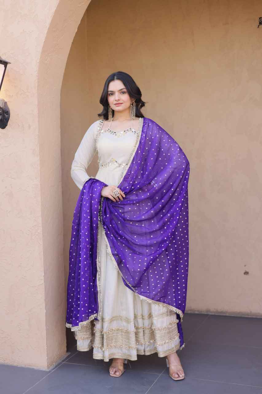 Cream & Blue Pure Cosmos with Real Mirror with Zari Embroidery Work Anarkali Gown