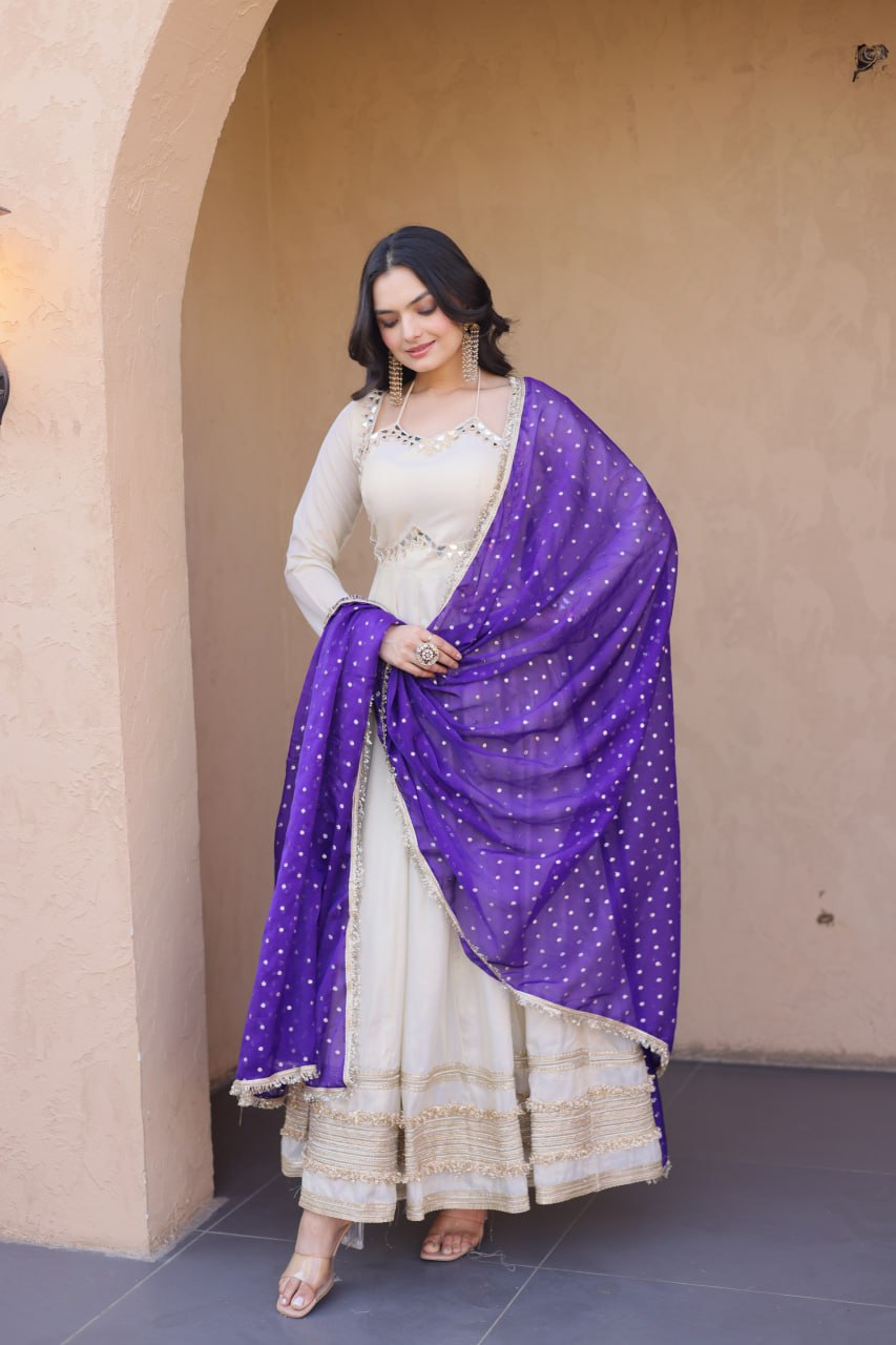 Cream & Blue Pure Cosmos with Real Mirror with Zari Embroidery Work Anarkali Gown